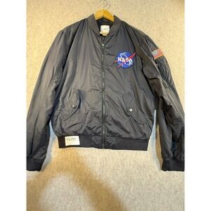 HM LOGO NASA Bomber Jacket Mens Small Black Flight Jacket Space Patch Utility